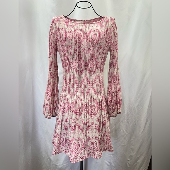 Maje pink printed pleated mini dress with long sleeves size 3 / XL - Picture 2 of 11